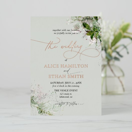 Boho Greenery Script Wedding Folie Invitation Folie Uitnodiging (Staand Voorkant)