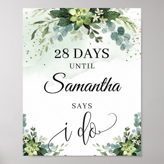 Boho greenery succulent bridal countdown sign poster (Voorkant)