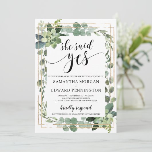 Boho greenery succulent Ze zei ja verloving Kaart (Staand voorkant)