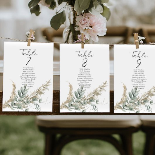 Boho greenery table number seating chart cards