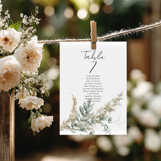 Boho greenery table number seating chart cards