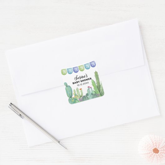 Boho Greenery Taco Fiesta Cactus Baby shower Vierkante Sticker (Envelop)