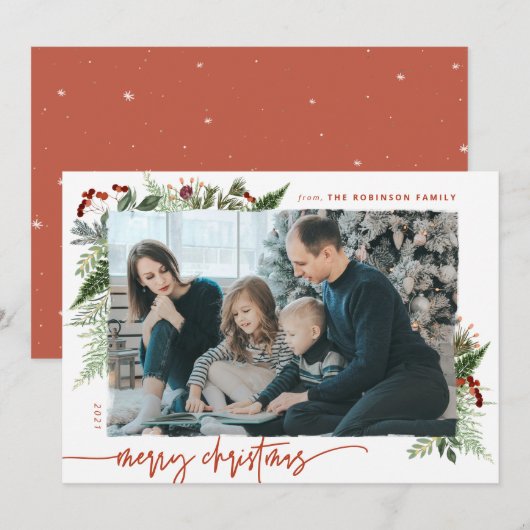 Boho Greenery Terracotta Rust kerstfoto Feestdagenkaart (Voorkant / Achterkant)