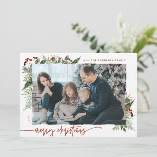Boho Greenery Terracotta Rust kerstfoto Feestdagenkaart (Staand voorkant)