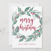 Boho Greenery Wreath Red Berries Kerst Feestdagenkaart (Voorkant)