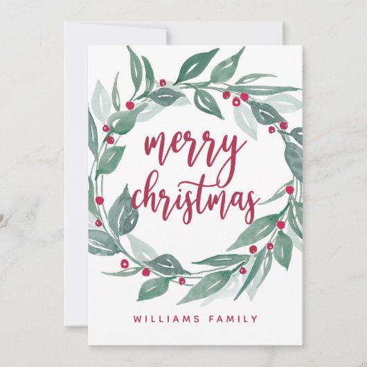 Boho Greenery Wreath Red Berries Kerst Feestdagenkaart (Voorkant)