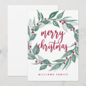 Boho Greenery Wreath Red Berries Kerst Feestdagenkaart (Voorkant / Achterkant)