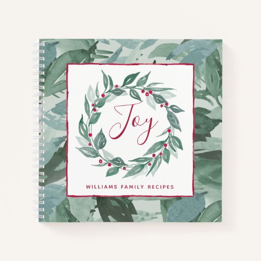 Boho Greenery Wreath Red Joy Script Familienaam Notitieboek (Voorkant)