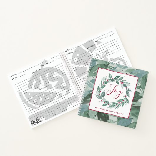 Boho Greenery Wreath Red Joy Script Familienaam Notitieboek (Binnen)