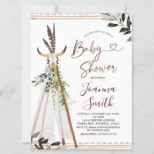 Boho Grenery Animal Skull Teepee Baby shower Kaart