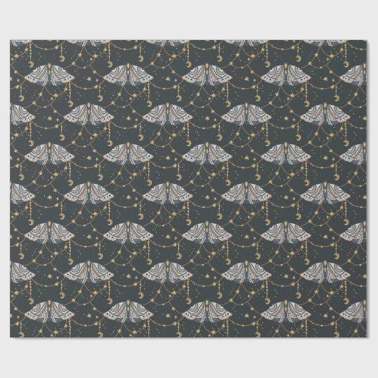 Boho Grey Celestial Moth Pattern Cadeaupapier (Vlak)