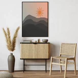Boho grijs Mountain Sunset Minimalistische kunst Poster