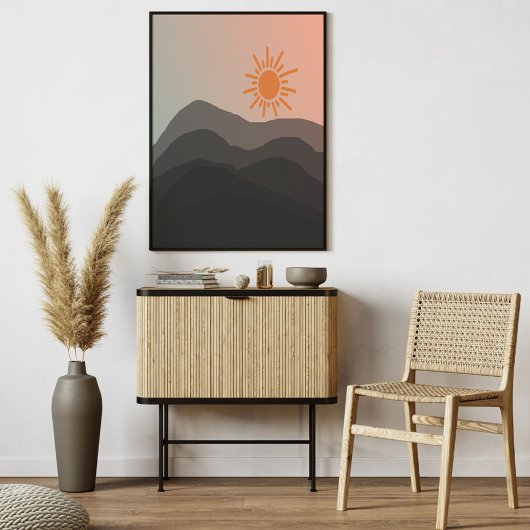 Boho grijs Mountain Sunset Minimalistische kunst Poster