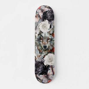 Boho Grijs Wolf Gotische Bloemen & Vlinders Persoonlijk Skateboard