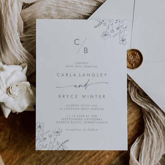 Boho grijze kalligrafie wilde bloem monogram bruil kaart