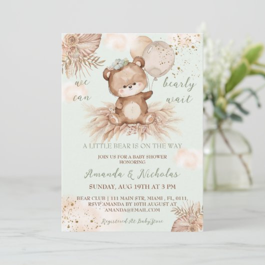 Boho Groen Beer Baby shower Kaart (Staand voorkant)