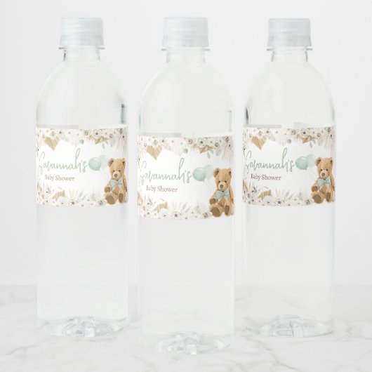 Boho Groen Beer Baby shower Waterfles Etiket (Flessen)