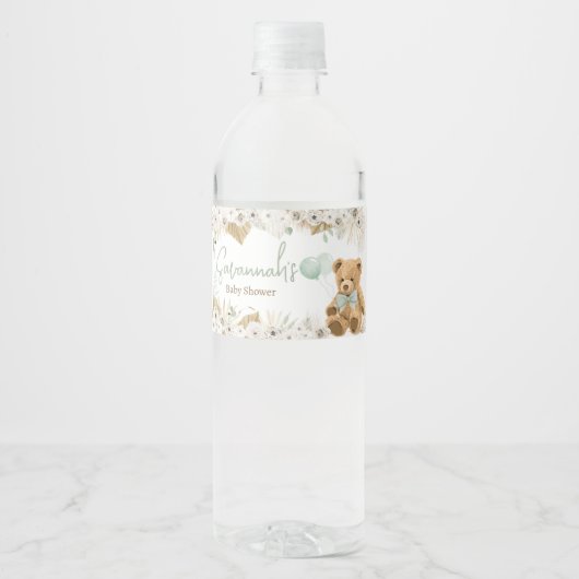 Boho Groen Beer Baby shower Waterfles Etiket (Voorkant)