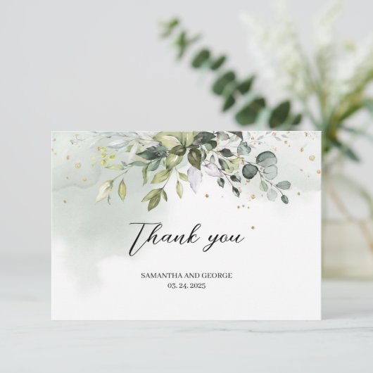 Boho groen blad eucalyptus bladeren goud bedankkaart (Staand voorkant)