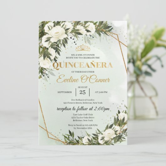 Boho groen bladgoud kroon Quinceañera Kaart (Staand voorkant)