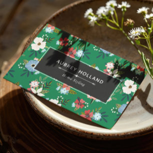 Boho groen blauw koraal bloemmotief visitekaartje
