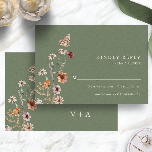 Boho Groen Bloemmotief RSVP Kaartje