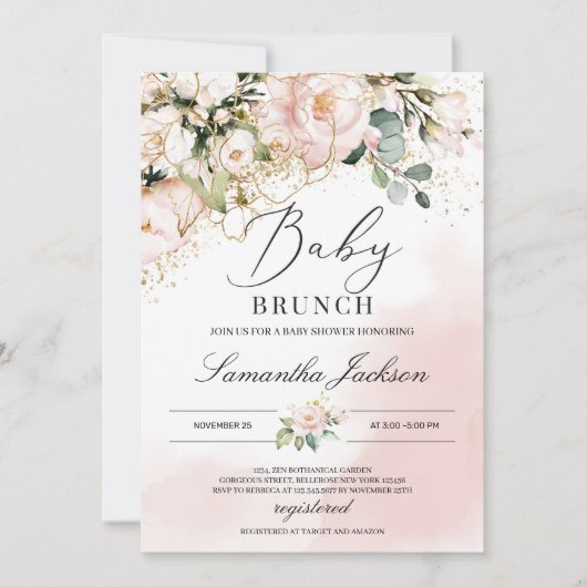Boho groen blush roze bloemengoud baby brunch kaart (Voorkant)