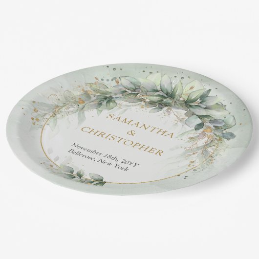 Boho groen en goud eucalyptus loof chic papieren bordje (Gekanteld)