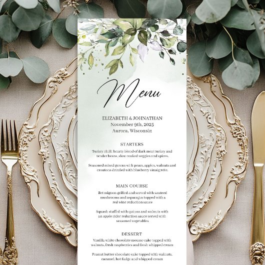 Boho groen en gouden eucalyptus huwelijksmenu menu