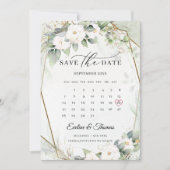 Boho groen en weelderig bloemenboeket witte rozen save the date (Voorkant)