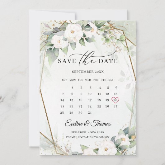 Boho groen en weelderig bloemenboeket witte rozen save the date (Voorkant)