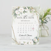 Boho groen en weelderig bloemenboeket witte rozen save the date (Staand voorkant)