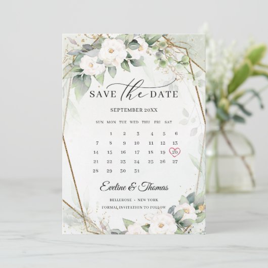 Boho groen en weelderig bloemenboeket witte rozen save the date (Staand voorkant)