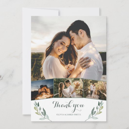 Boho groen eucalyptus 4 foto's bruiloft bedankkaart (Voorkant)