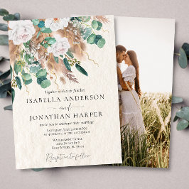 Boho groen eucalyptus beige pampas foto bruiloft kaart