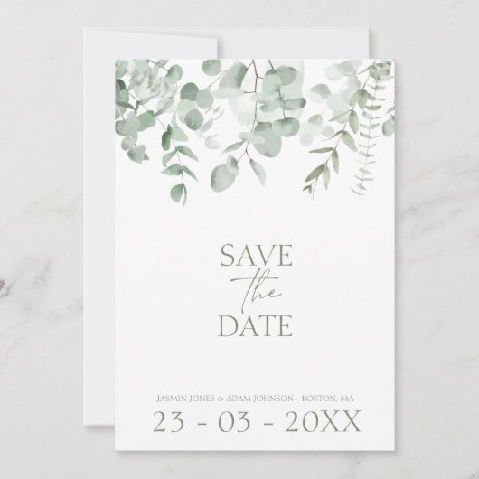 Boho groen eucalyptus bruiloft de datum opslaan save the date (Voorkant)