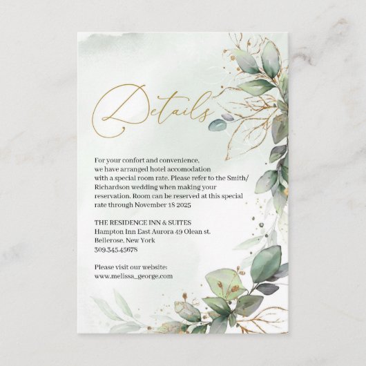 Boho groen eucalyptus gebladerte faux gouden lijst informatiekaartje (Voorkant)