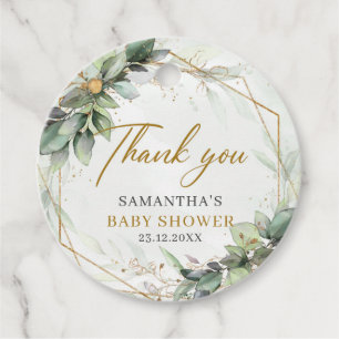 Boho groen eucalyptus gebladerte goud baby shower bedankjes labels