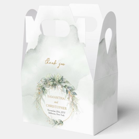 Boho groen eucalyptus gebladerte goud lijst bedankdoosjes (Geopend)