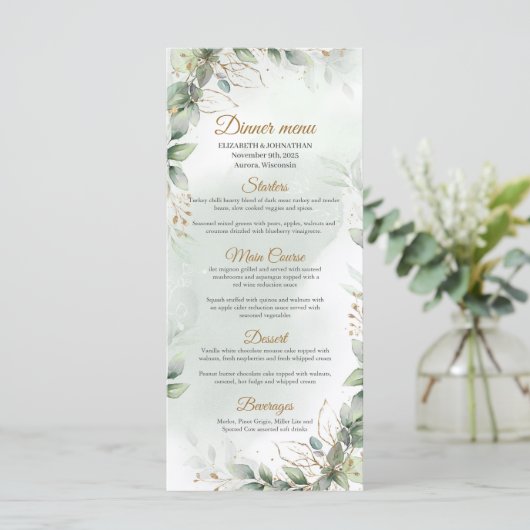 Boho groen eucalyptus gebladerte goud lijst menu (Staand voorkant)