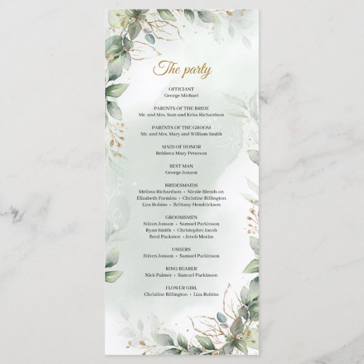 Boho groen eucalyptus gebladerte goud lijst programmakaart (Achterkant)