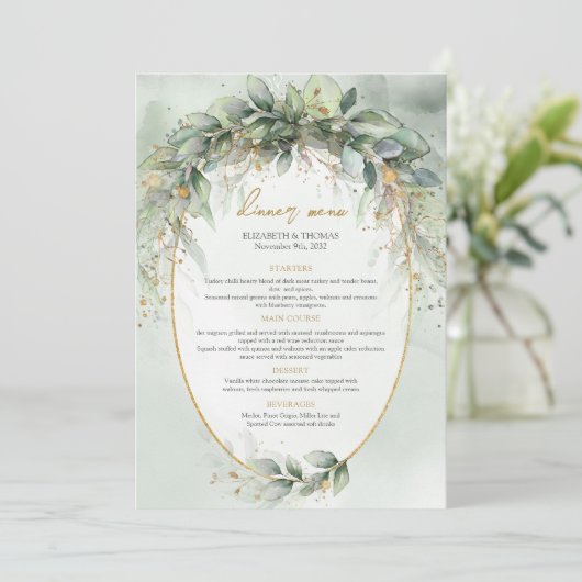 Boho groen eucalyptus gebladerte goud ovaal menu (Staand voorkant)