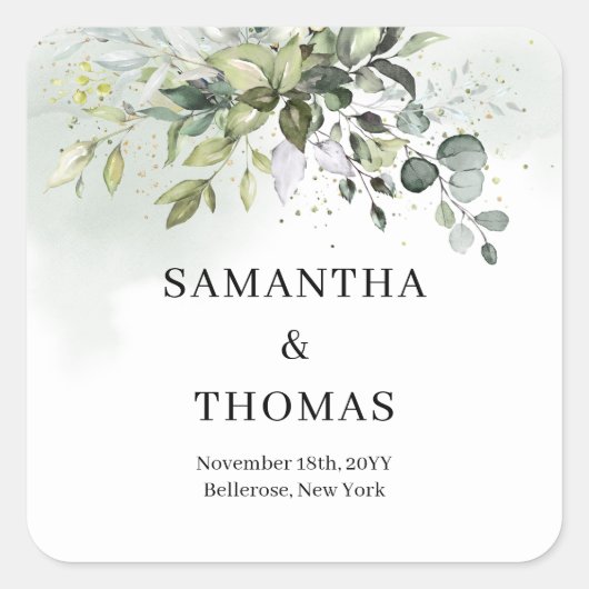 Boho groen eucalyptus gebladerte gouden schitterin vierkante sticker (Voorkant)