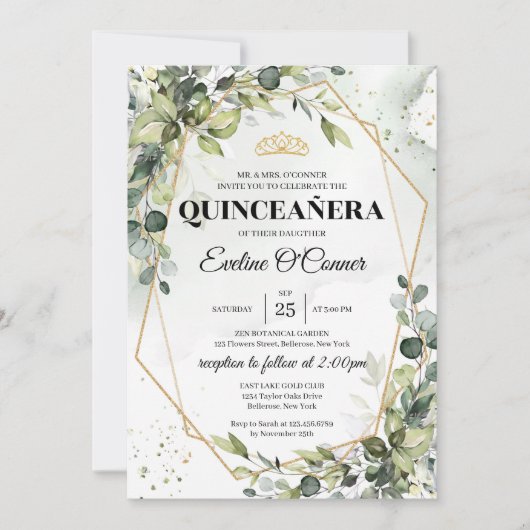 Boho groen eucalyptus goud lijst prinses kroon kaart (Voorkant)