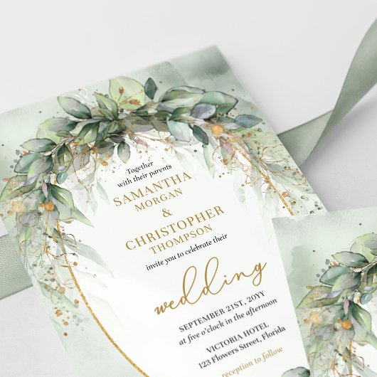 Boho groen eucalyptus loof gouden bruiloft kaart