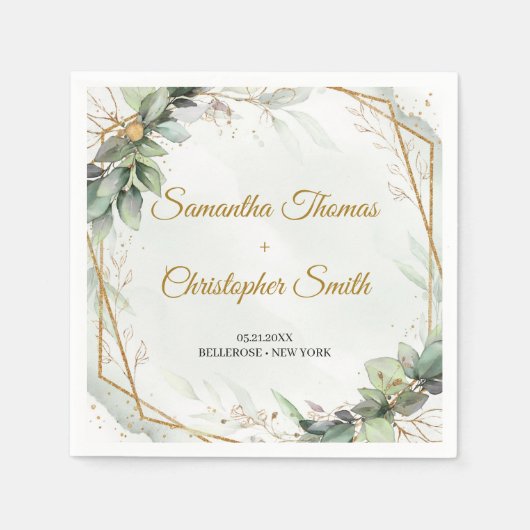 Boho groen eucalyptus loof gouden bruiloft servet (Voorkant)