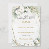 Boho groen eucalyptus witte rozen bloemen save the date (Voorkant)