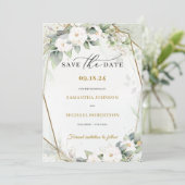 Boho groen eucalyptus witte rozen bloemen save the date (Staand voorkant)