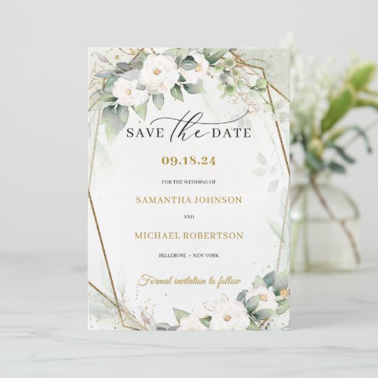 Boho groen eucalyptus witte rozen bloemen save the date (Staand voorkant)