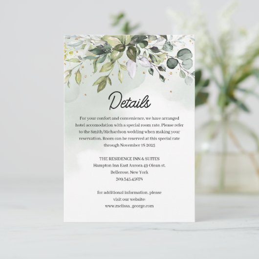 Boho groen folaige bladeren goud bruiloft details informatiekaartje (Staand voorkant)
